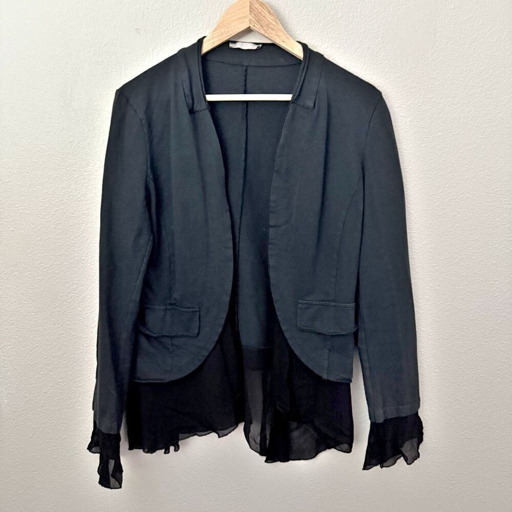 BACI | Black Cotton Blazer Rolled Edge Viscose Chiffon Edges Flowy | Medium